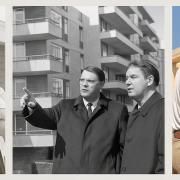Three images side-by-side, a photo of the post WWII federal housing involvement, followed but the 1960s-1980s and the 1990s pullback.