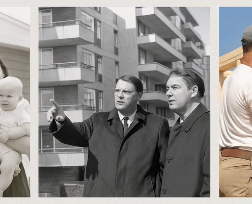 Three images side-by-side, a photo of the post WWII federal housing involvement, followed but the 1960s-1980s and the 1990s pullback.