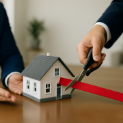 Small conceptual home on a table with a ribbon cutting in front of it.