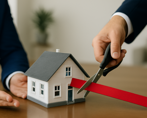 Small conceptual home on a table with a ribbon cutting in front of it.