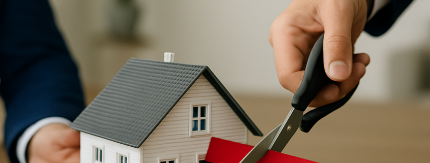 Small conceptual home on a table with a ribbon cutting in front of it.